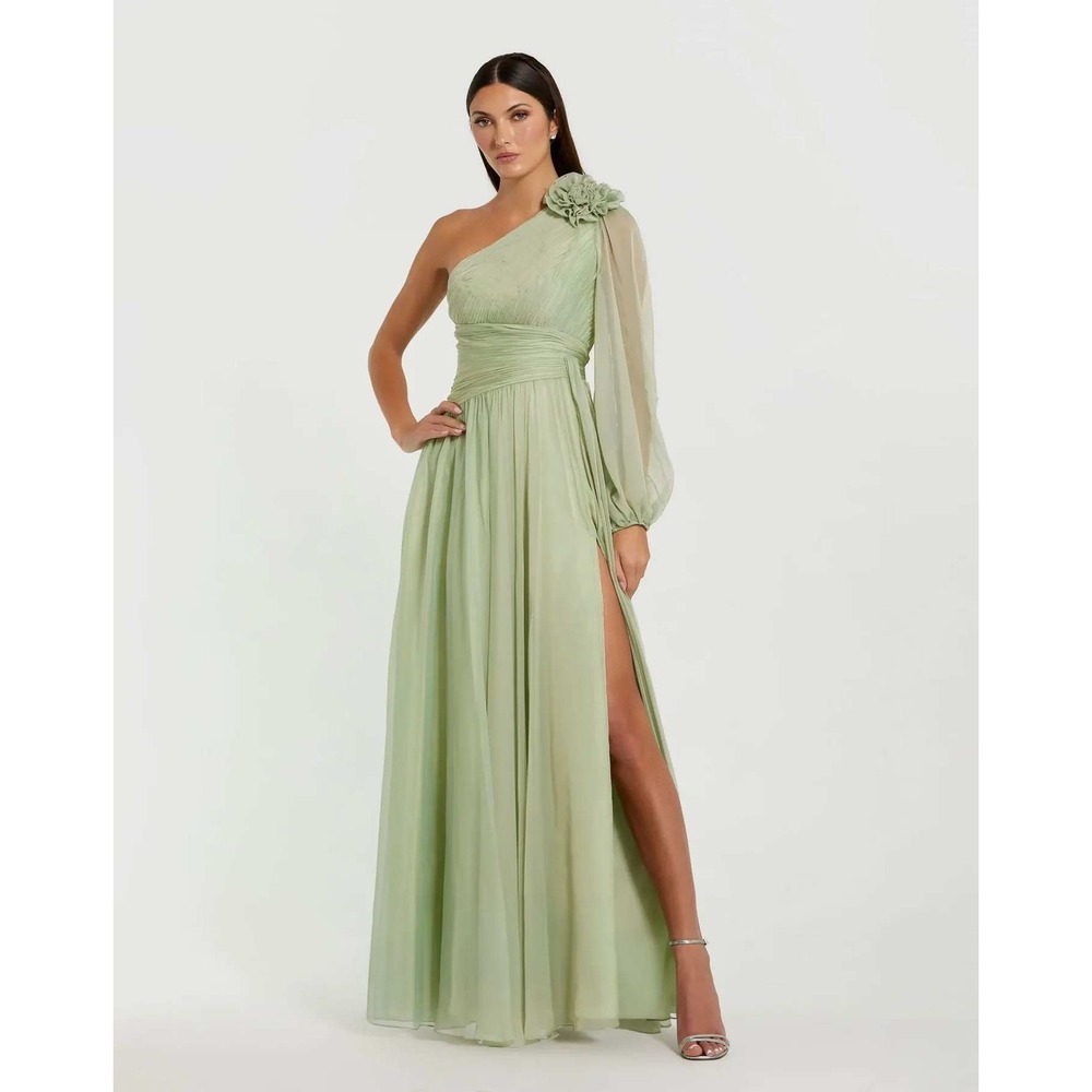 Mac Duggal Green One Shoulder 3D Flower Gown With Slit - Size 8 - Picture 2 of 11